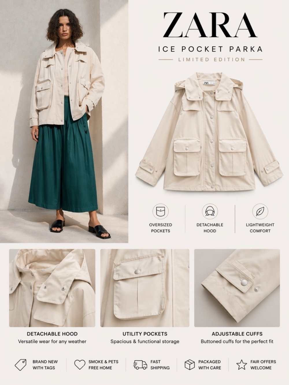 ZARA Ice Pocket Parka Limited Edition NWT Size M Utility Hooded Jacket Cream